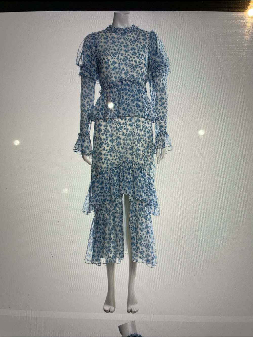 macgraw Blue Floral High-Low Ruffled Midi Dress